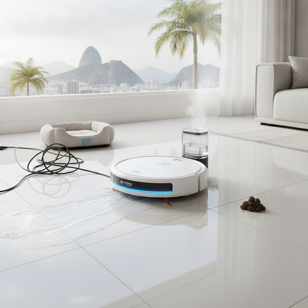 Robô aspirador que desvia de fios e lava pano em água quente
